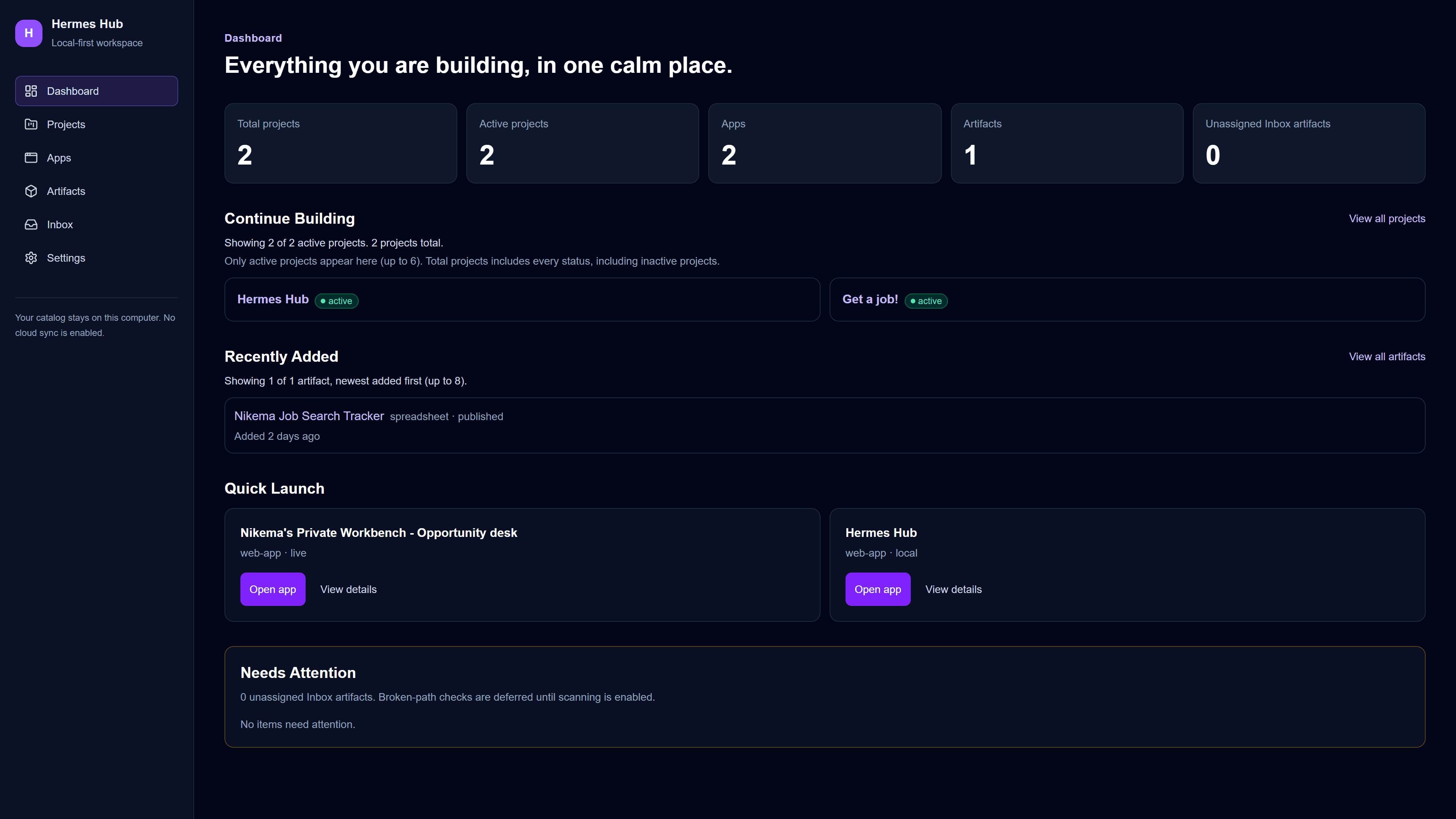 Hermes Hub dashboard showing project stat cards, Continue Building, Recently Added, Quick Launch, and Needs Attention sections.