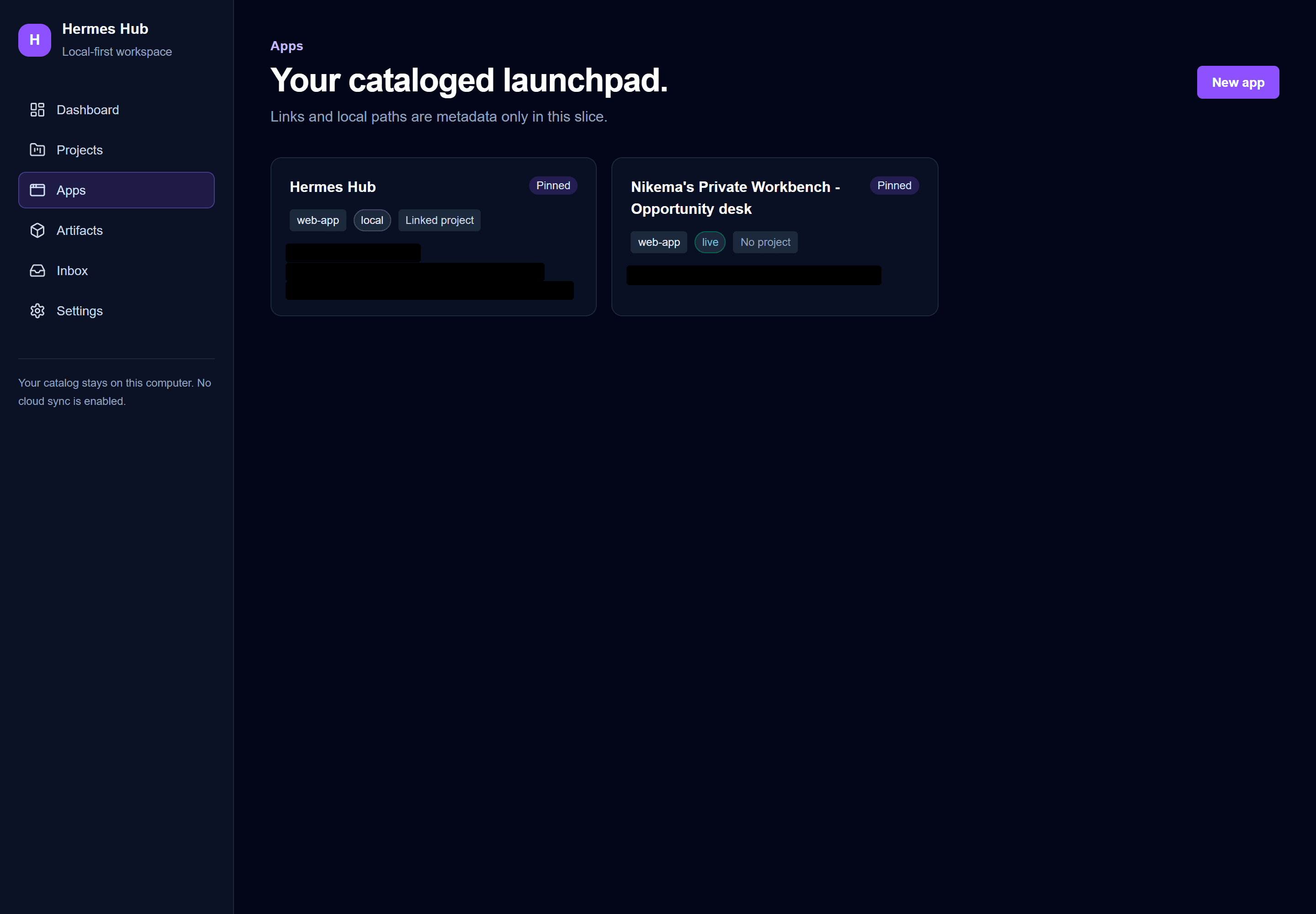 Apps page with two pinned app cards; live URLs and the local folder path are redacted.