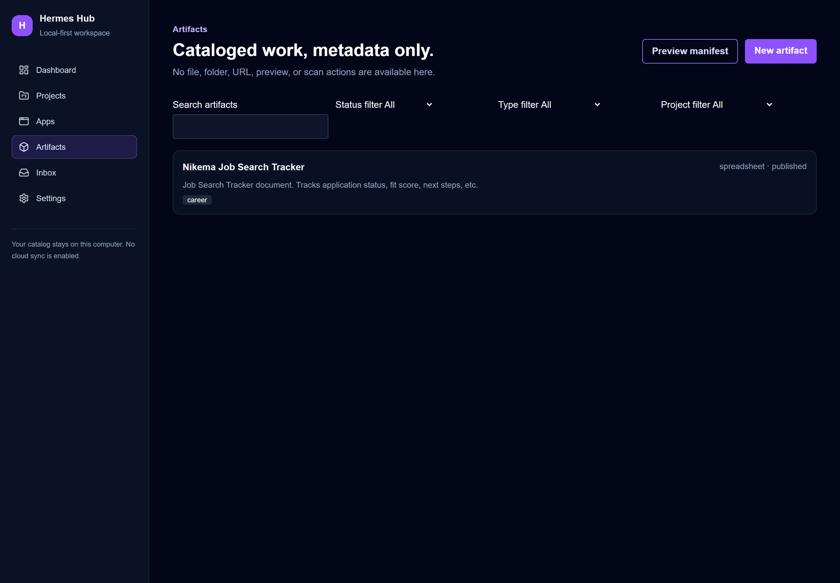 Artifacts page showing the Nikema Job Search Tracker spreadsheet entry.