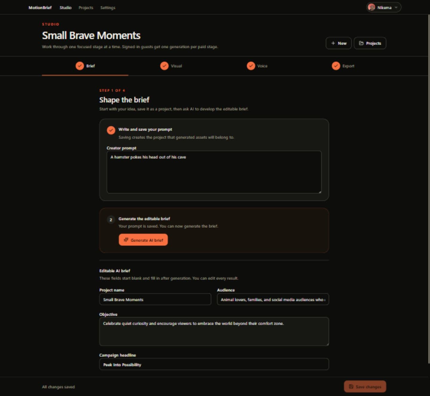 Step one showing the editable Small Brave Moments brief, objective, audience, and Peek Into Possibility headline, with Save changes pinned at the bottom.