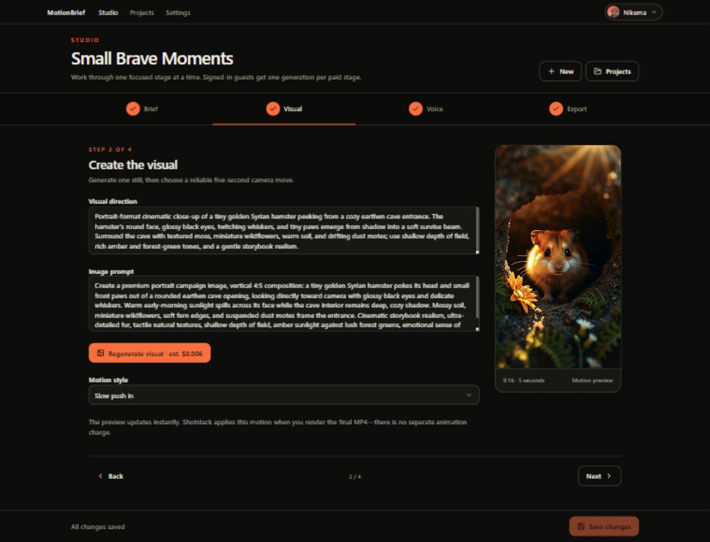 MotionBrief's Create the visual screen showing image prompts, the Slow push in camera move, a portrait hamster preview, and the pinned Save changes bar.