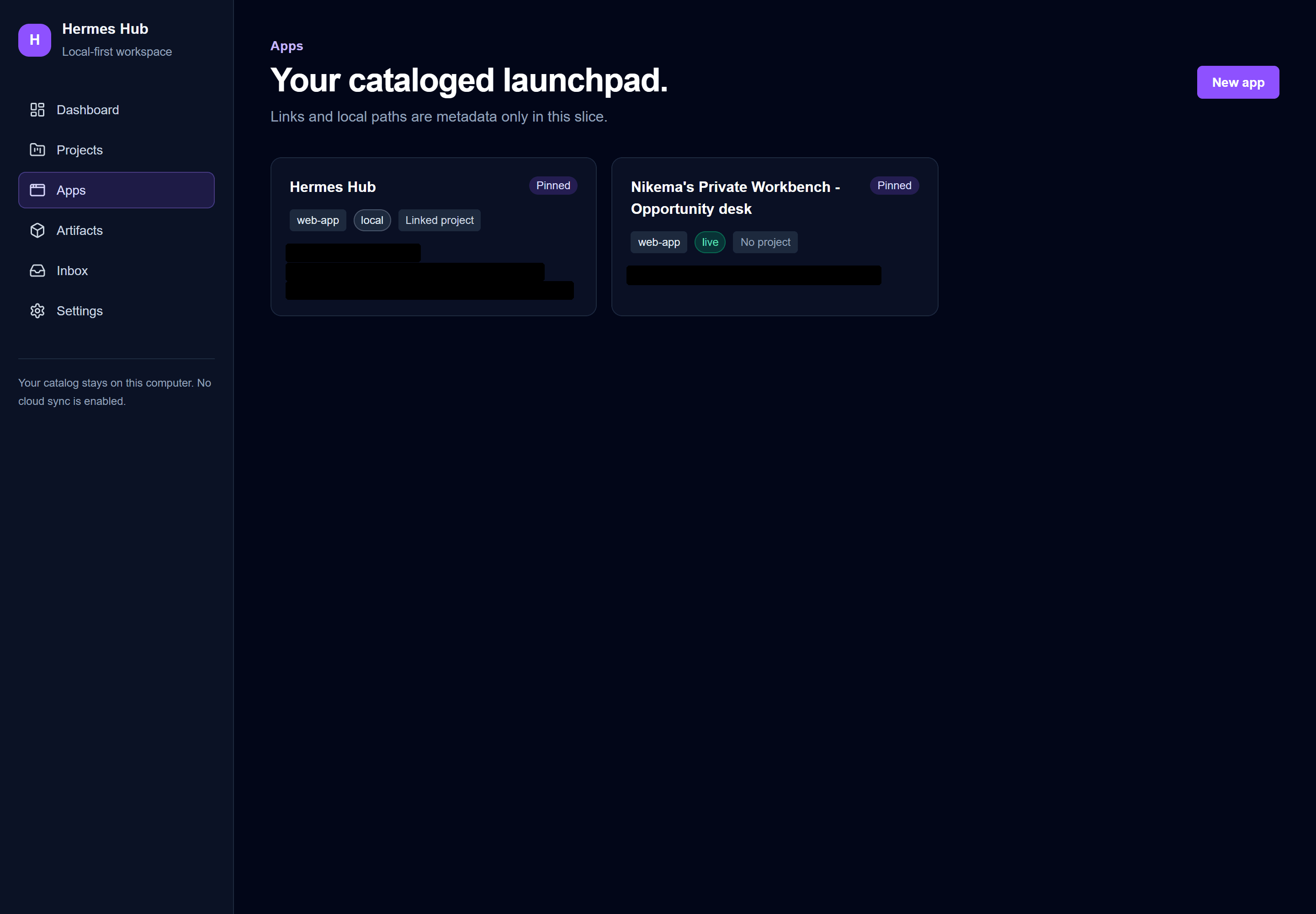 Apps page with two pinned app cards; live URLs and the local folder path are redacted.