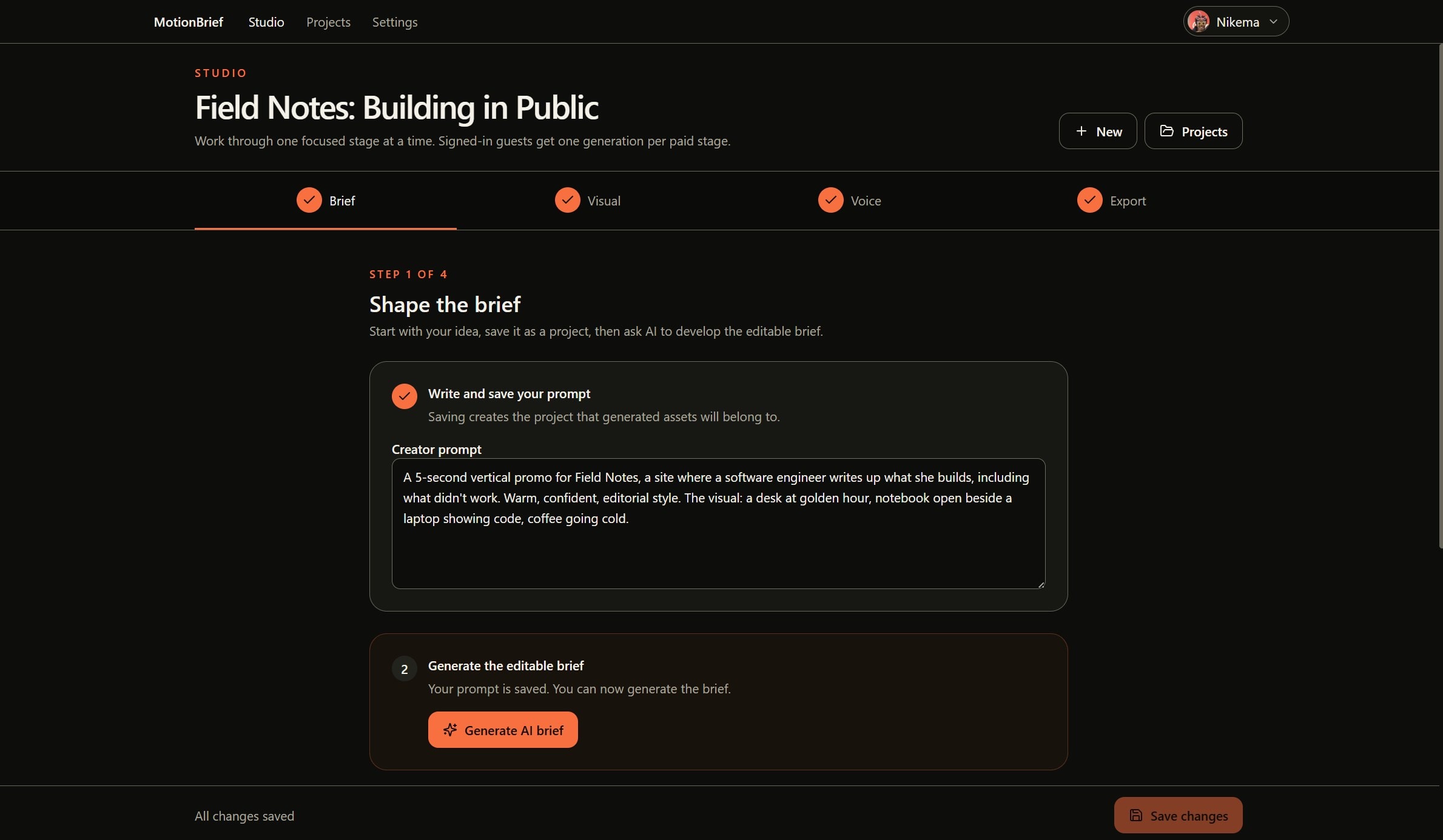 Step one showing the Field Notes: Building in Public project on the brief step, with the creator prompt for the Field Notes campaign and the Generate AI brief button, and Save changes pinned at the bottom.