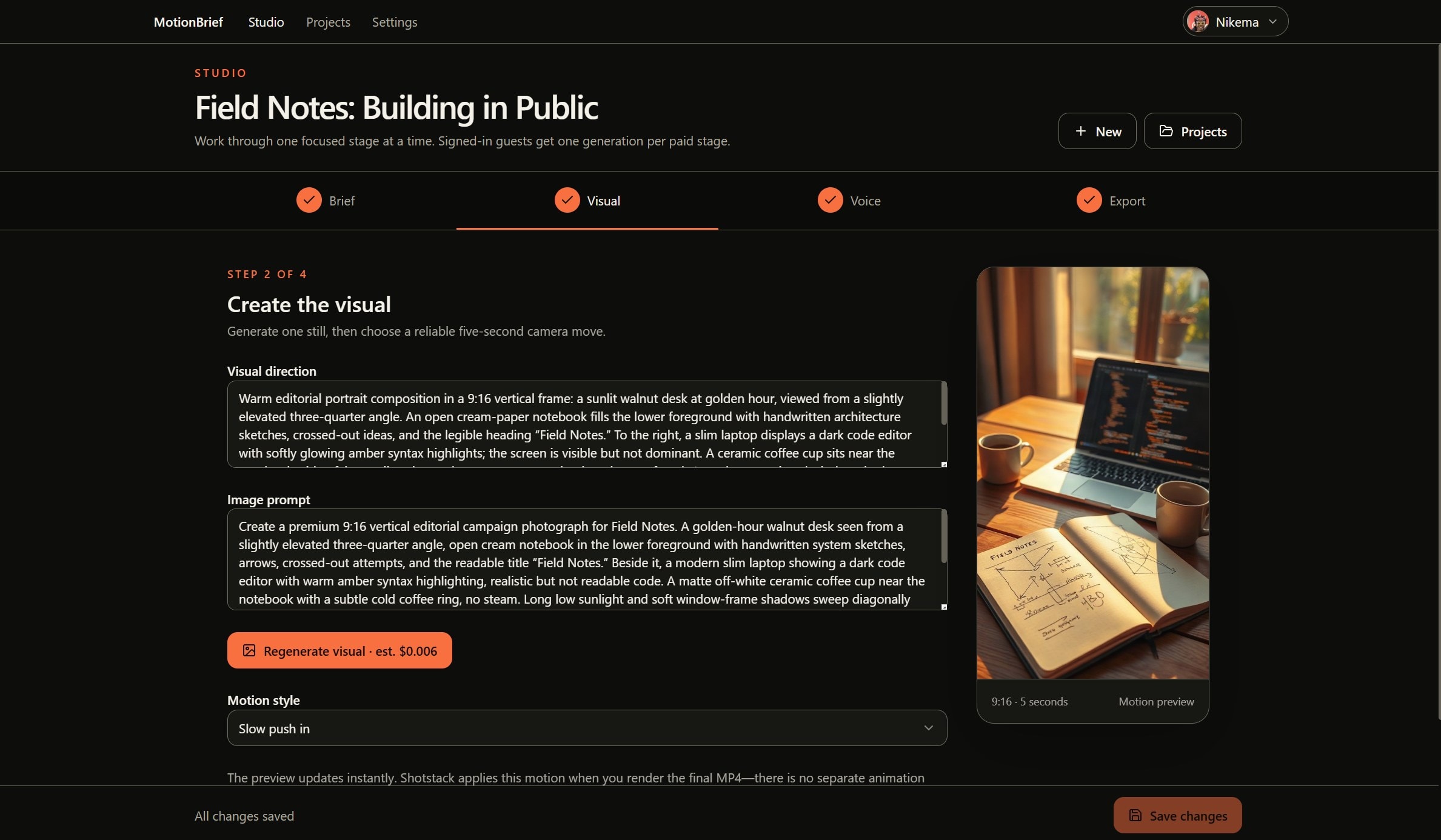 Step two showing the visual direction and image prompts for the Field Notes campaign beside the generated golden-hour desk still, with Slow push in selected as the motion style and Save changes pinned at the bottom.