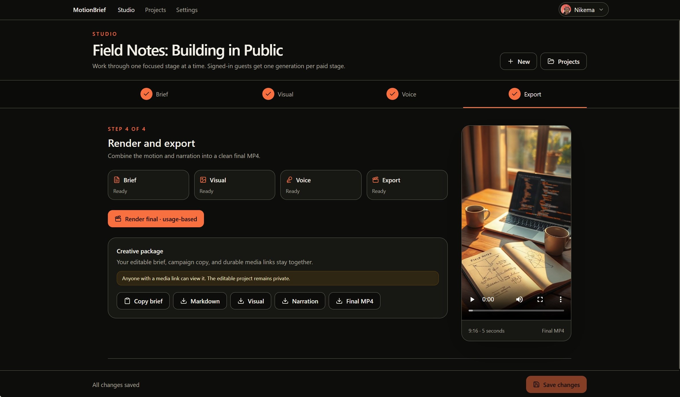 Step four showing the creative package with brief and media download links beside the final MP4 preview, and the pinned Save changes bar.