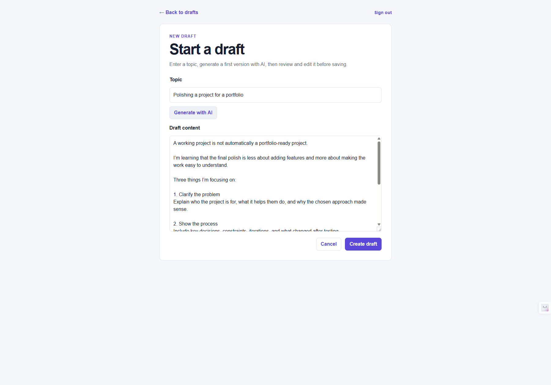 New draft editor with a topic, Generate with AI button, editable draft text, and Create draft action.
