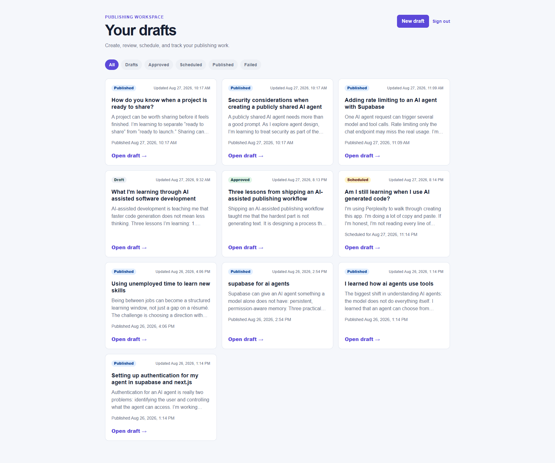 Social Content Agent draft library showing topic cards and filters for draft, approved, scheduled, and simulated published states.
