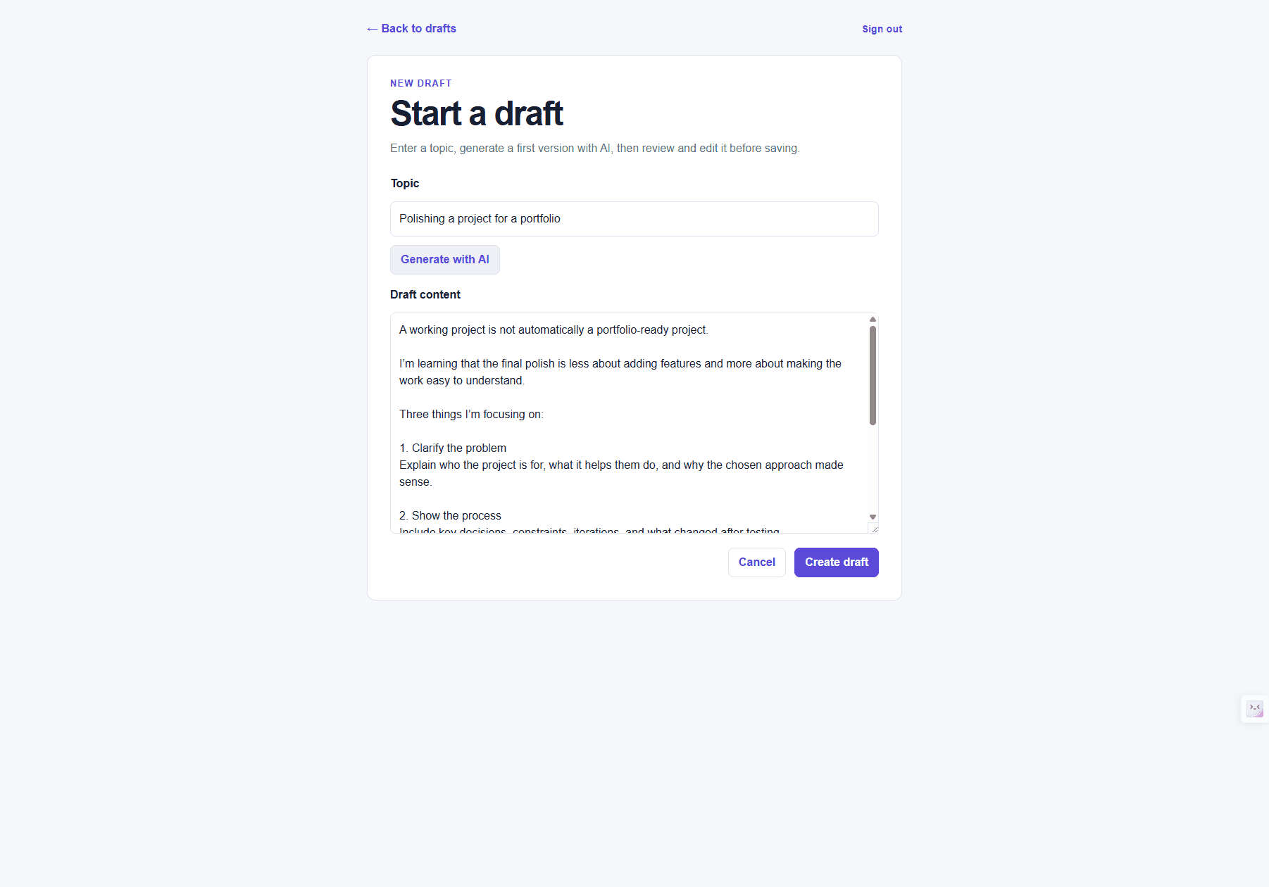 New draft editor with a topic, Generate with AI button, editable draft text, and Create draft action.
